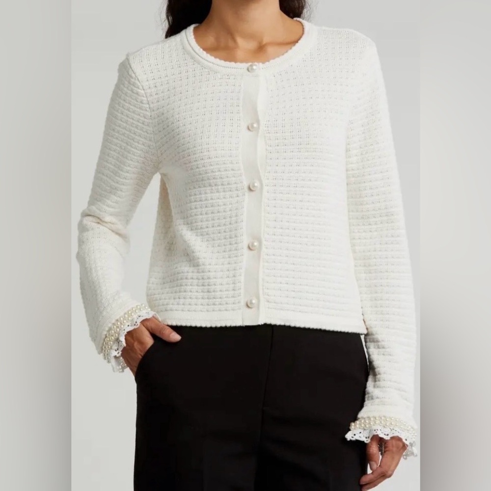 Elie Tahari NWT Cardigan Sweater Jacket, Removable Cuffs, Off-white, Medium